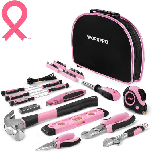 Pink Tool Kit - Hand Tool Set with Easy Carrying round Pouch - Durable, Long Lasting Chrome Finish Tools - Household Tool Kit Perfect for DIY, Home Maintenance - Pink Ribbon