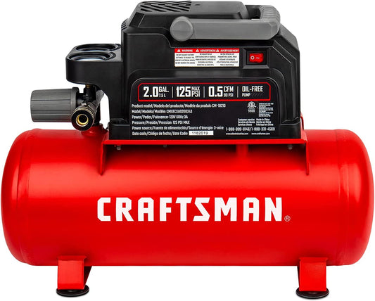 Craftsman Air Compressor, 2 Gallon Portable Air Compressor, Hot Dog Tank, 1/3 HP Oil-Free Max 125 PSI Pressure, 0.7 @40 PSI, 0.5 @90 PSI, Model: CMXECXA0200243 , Red