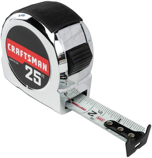 Tape Measure, 25 Ft, Retraction Control and Self-Lock, Solid Chrome Finish, Rubber Grip (CMHT37325S)