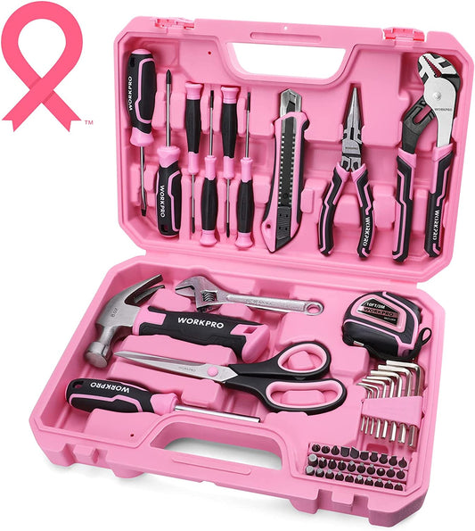 WORKPRO 52-Piece Pink Tools Set, Household Tool Kit with Storage Toolbox, Basic Tool Set for Home, Garage, Apartment, Dorm, New House, Back to School, and as a Gift - Pink Ribbon
