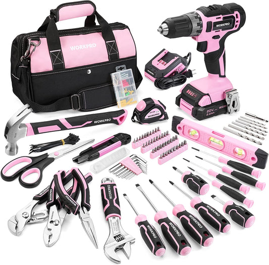 Pink Home Tool Kit with Drill, 157PCS Pink Tool Set with 20V Cordless Lithium-Ion Drill Gun, Basic Drill Sets Combo Kit with Wide Mouth Open Tool Bag