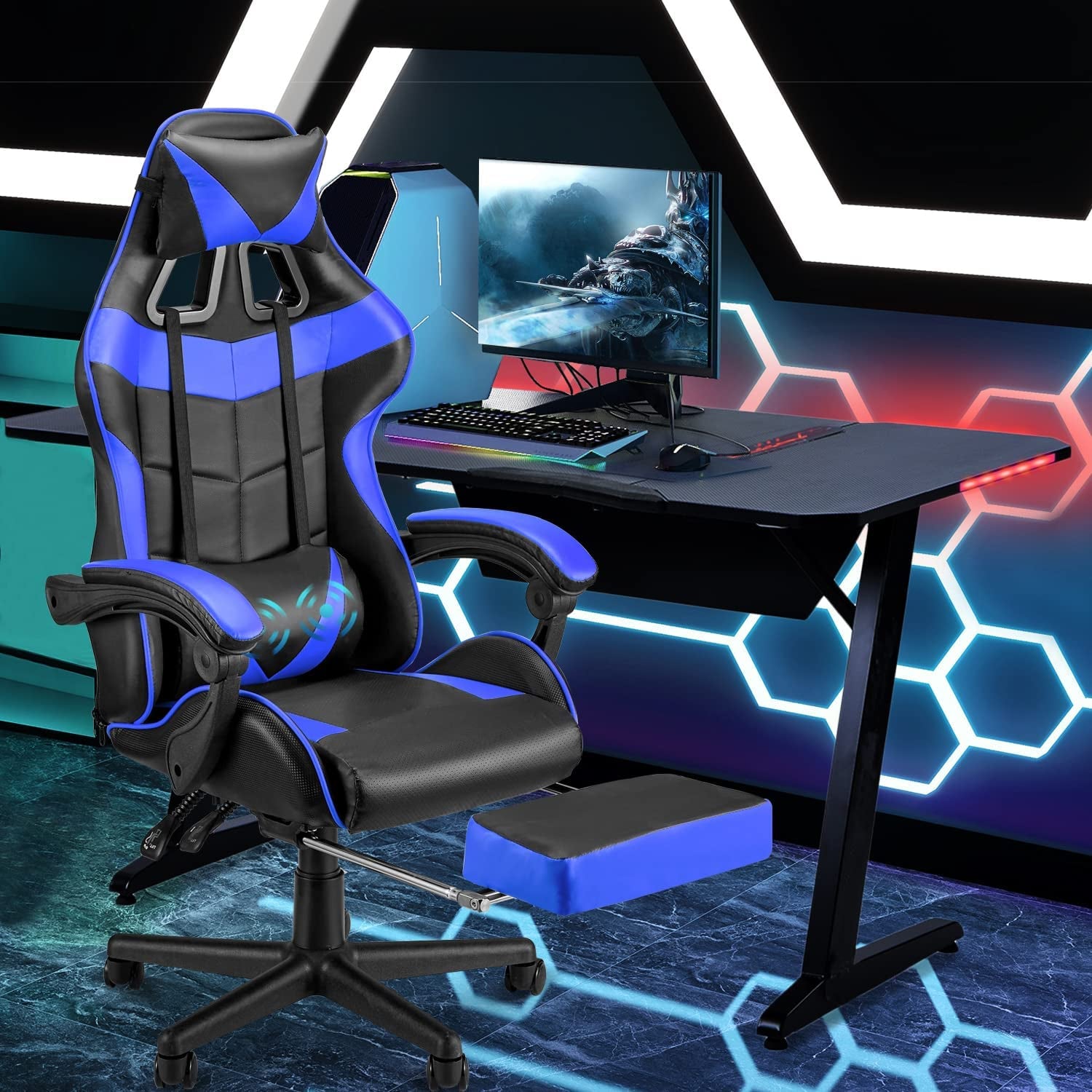 Blue Gaming Chair with Footrest,Gaming Computer Chair, Office Gaming Chair Ergonomic Gamer Chair with Height Adjustment,Headrest and Lumbar Support Gamer Chair(Storm Blue)