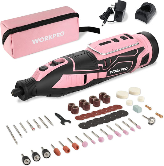 WORKPRO Pink 12V Cordless Rotary Tool Kit, 5 Variable Speeds, Powerful Engraver, Sander, Polisher, 114 Easy Change Accessories, Craft Tool for Handmade and DIY - Pink Ribbon