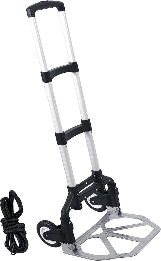 Folding Hand Truck and Dolly, 165Lbs Aluminum Portable Hand Cart with Black Bungee Cord,Telescoping Handle and Rubber Wheels, White